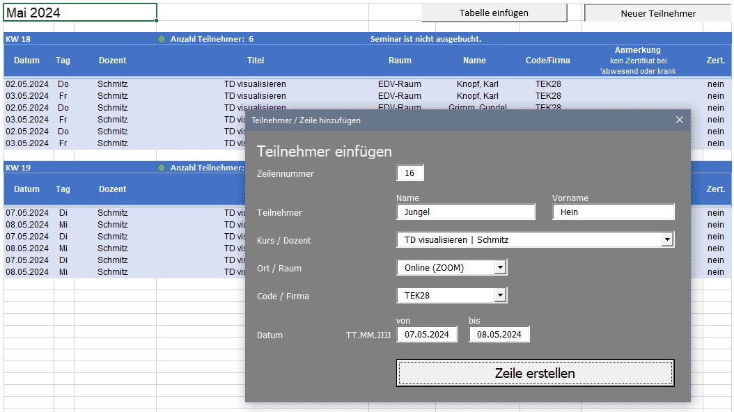 Teilnehmerliste Eingabedialog