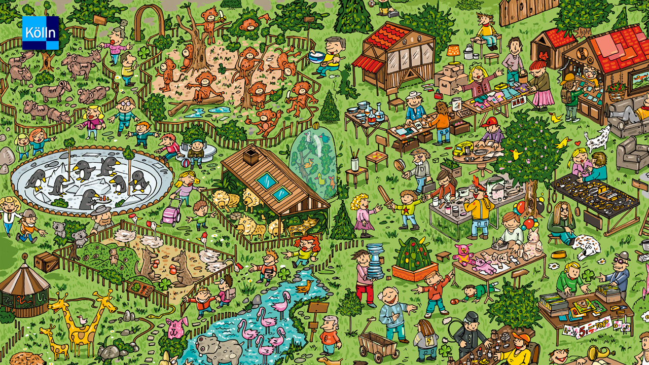 Wimmelbild Motiv Zoo Flohmarkt